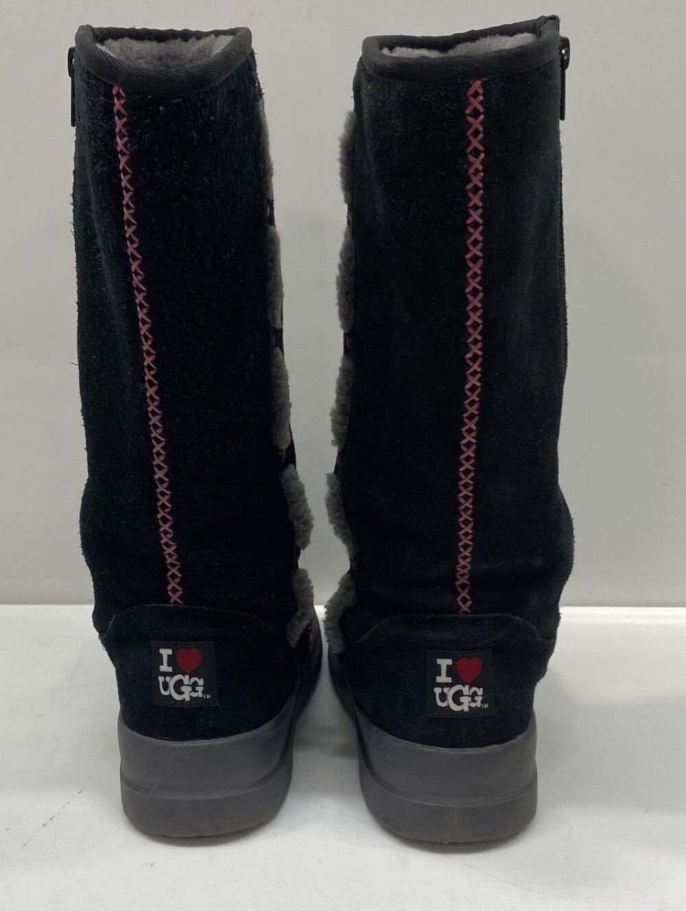 UGG Black Suede Winter Boots w/Pink Stitch Detailing- Size 8- VERY LIGHTLY USED